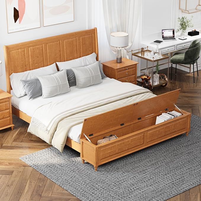KEIKI King Size Bed Frame with Storage Bench, Solid Wood Sleigh Bed with High Headboard and 64" Storage Chest, Rubberwood Platform Bed, No Box Spring Required, Natural