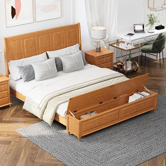 KEIKI King Size Bed Frame with Storage Bench, Solid Wood Sleigh Bed with High Headboard and 64" Storage Chest, Rubberwood Platform Bed, No Box Spring Required, Natural