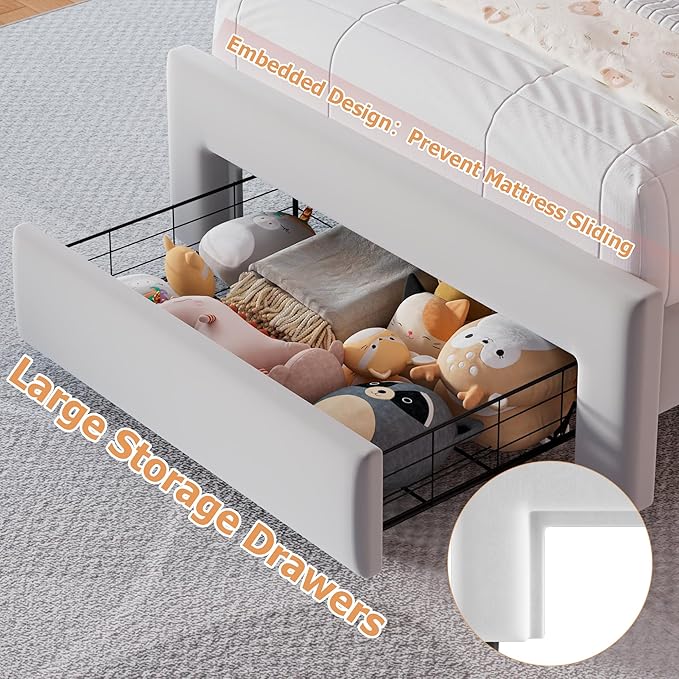 Jocoevol Twin Upholstered LED Bed Frame with Storage Drawer and Adjustable Chic Double Wavy Headboard, Velvet Princess Platform Bed for Girls/Kids, Solid Wood Slats Support, No Box Spring Needed, Grey