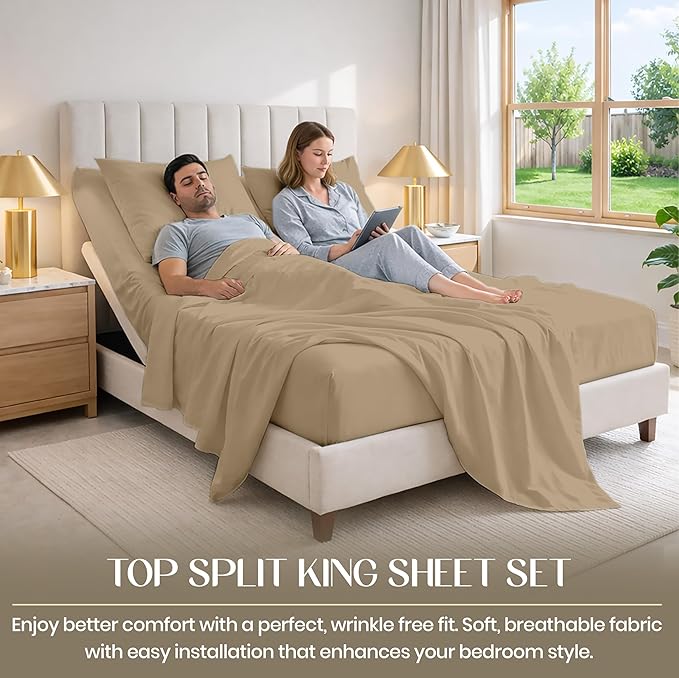SGI bedding 32" King Split Top Flex Head Sheet 100% Egyptian Cotton Sheet Set 1000 Thread Count Flex Top Sheet for Adjustable Bed 4Pc Sheet Set 15" Deep Pocket for Sleep Number Bed- Beige