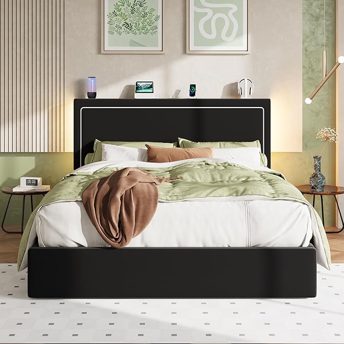 Allewie Queen Size Lift Up Storage Bed Frame with Charging Station & LED Lights, Adjustable Velvet Upholstered Storage Headboard, Type-C & USB Ports, Hydraulic Support, No Box Spring Needed, Black