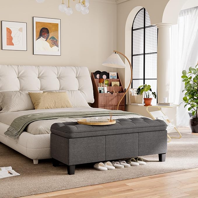 YESHOMY 47 Inches Ottoman with Storage, Storage Bench with Legs, Ottomans for Living Room, Entryway, Adjustable & Movable, Easy Assembly, Deep Grey Linen