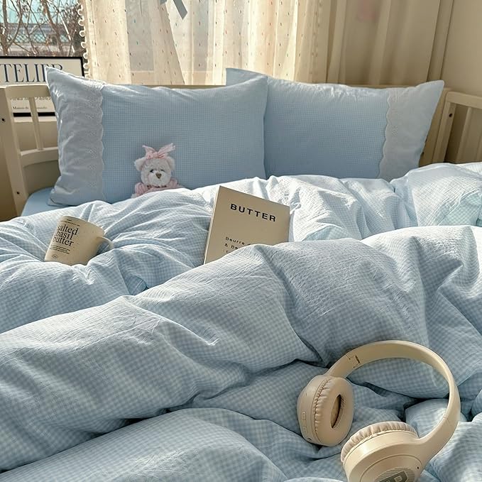 mixinni Blue Gingham Duvet Cover Full Size - 3 Piece Cottagecore Plaid Bedding Set with Lace Trim, Soft Washed Microfiber Vintage Aesthetic Grid Comforter Cover & Pillow Shams, (Blue White Gingham)