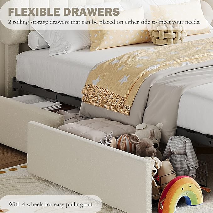 Garvee Twin XL Size Bed Frame with 2 Flexible Drawers, Boucle Upholstered Platform Bed Frame with Bookcase Headboard, Bedframe for Kids/Girls, Easy Assembly, No Box Spring Needed, Noise Free, Beige