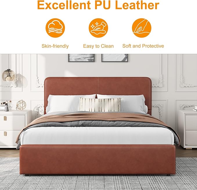 GarveeHome Modern Upholstered Platform Bed Frame with Headboard and Storage Drawers – PU Brown Leather, Sturdy Wood Slat Support, Noise-Free, No Box Spring Needed, Easy Assembly – Full Size, PU Brown