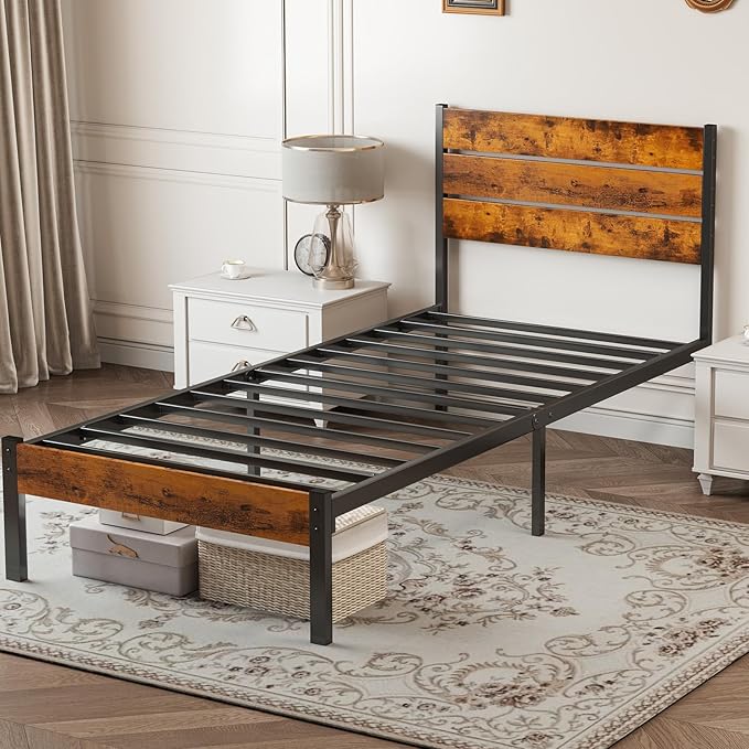 OLIXIS Twin Size Metal Platform Bed Frame - Mattress Foundation with Headboard and and Footboard, No Box Spring Needed with 700LBS Sturdy Wooden Slats Support, Noise Free, Easy Assembly