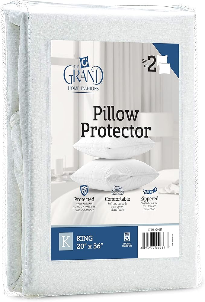 The Grand Pillow Covers King Size - Poly-Cotton Pillow Protector with Zipper - Moisture Wicking, Advanced Allergy Protection Pillow Protector - Protects Pillow from Dust, Dirt, and Debris (2 Pack)