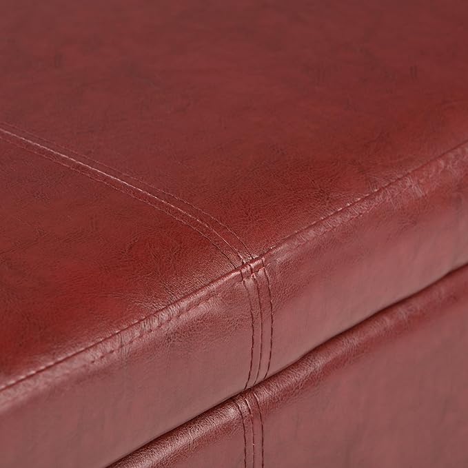 SIMPLIHOME Avalon Storage Ottoman Bench - 48" Wide x 16" High Upholstered Vegan Leather Rectangular Lift-Top Ottoman in Red, Contemporary Storage Bench for Living Room with High-Density Foam