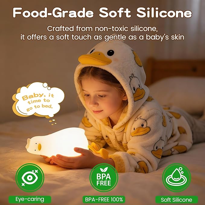 FAMIDUO Lying Flat Duck Night Light, Silicone Dimmable Rechargeable Nursery Night Light, Touch LED Lamp with Rubber Duck Blind Box, BPA-Free Squishy Baby Bedside Light for Breastfeeding,Kids,Toddler