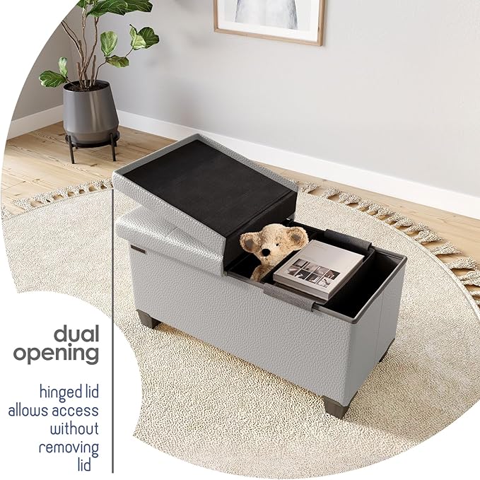 Storage Ottoman Bench with Bins, 30-in Storage Bench for Bedroom End of Bed, Folding Foot Rest Ottoman for Living Room Max 660lbs, Leather Ottomans, Light Grey