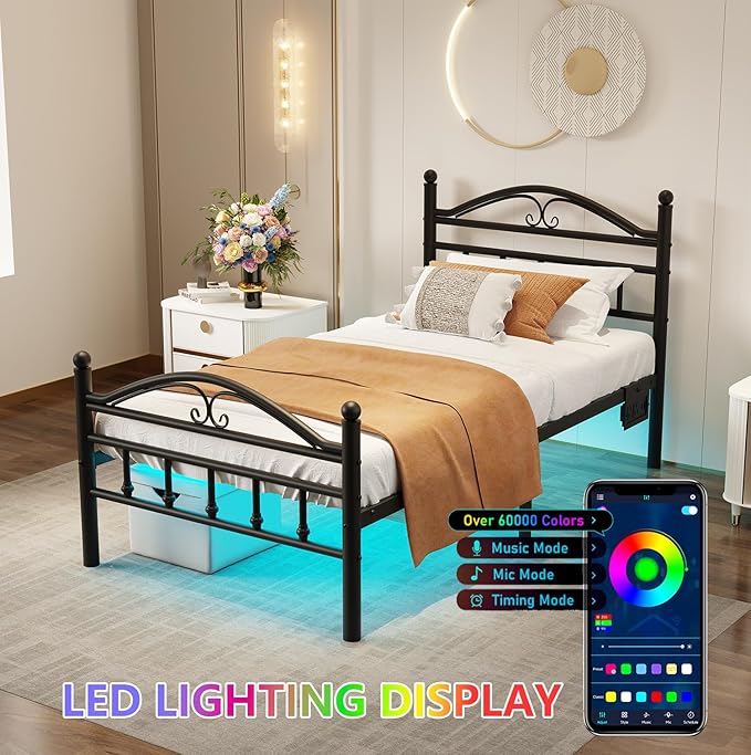 Twin Size Bed Frames with Charging Station,Black Metal Platform Bed Frame with LED Lights,Heavy Duty Metal Steel Slats Support,No Box Spring Needed,Noise Free,Easy to Assemble