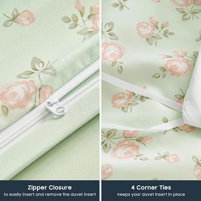 Wake In Cloud - Coquette Duvet Cover Set, Floral Cottagecore Flower Shabby Chic Cute Aesthetic, Soft Lightweight Bedding for Women Teen Girls, 3-Piece, Green Pink, Full Size
