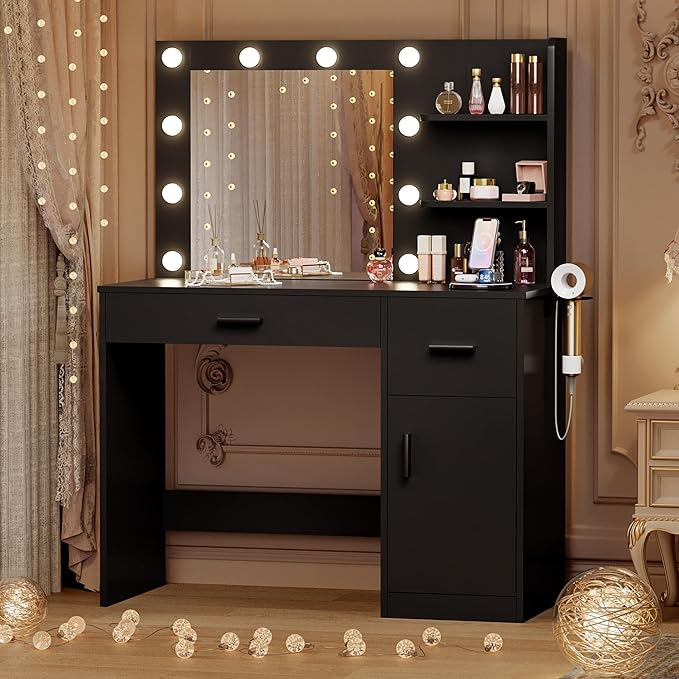 JUMMICO 35.4" Vanity Desk with Mirror and Lights - LED Makeup Vanity Table with Charging Station, 3 Color Adjustable Lights, 3 Drawers & Large Cabinet with Shelves for Bedroom Dressing Room (Black)