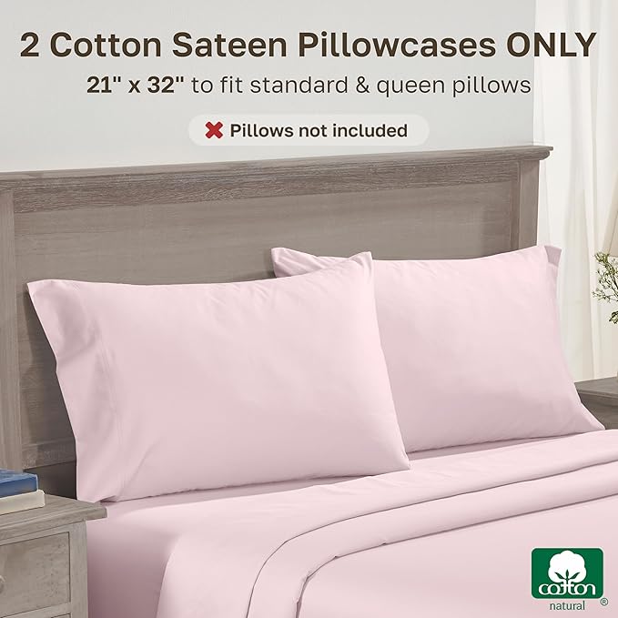 Luxuriously Soft Premium 600 Thread Count, 100% Cotton Set of 2 Cases, Crisp Blush Standard Pillowcases Fits Standard & Queen Pillows (Pink)
