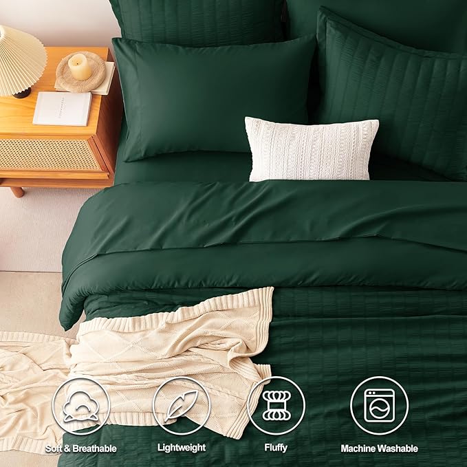 CozyLux Queen Comforter Set Emerald Green Seersucker 7 Pieces Bed in a Bag Queen Comforter Set with Sheets, Luxury Bedding Sets with Down Alternative Comforter, Sheets, Pillowcases & Shams All Seasons