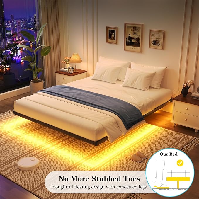 Awesofurni Floating Bed Frame Queen Size, Queen Bed Frame with Smart LED Lights, Heavy Duty Modern Metal Platform Bed No Box Spring Needed - Easy Assembly and Noise Free