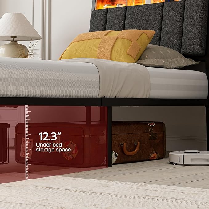 IKIFLY Twin XL Bed Frames with Ergonomic Hidden Storage Headboard & Dustproof Storage Drawer, Upholstered Twin XL Platform Bed with Charging Station and LED Lights, No Box Spring Needed, Dark Grey
