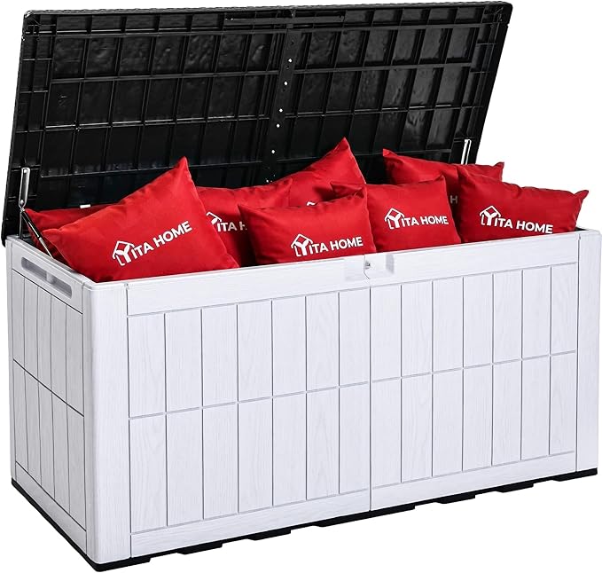 YITAHOME 134 Gallon Large Outdoor Storage Box with Lock, Waterproof Resin Deck Box w/Hydraulic Piston for Garden Tools, Pool Accessories & Cushions(Black & Grayish-White)