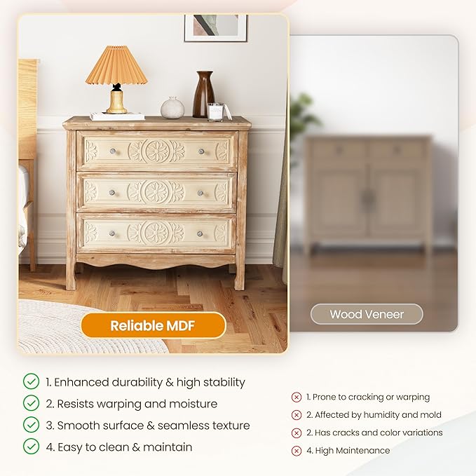 FansaFurn 3 Drawer Dresser with Pattern Carved Drawers, Vintage 3 Chest of Drawers for Bedroom, Wooden 3 Drawer Chest, Wide Nightstand, Large Side Table for Living Room, Natural