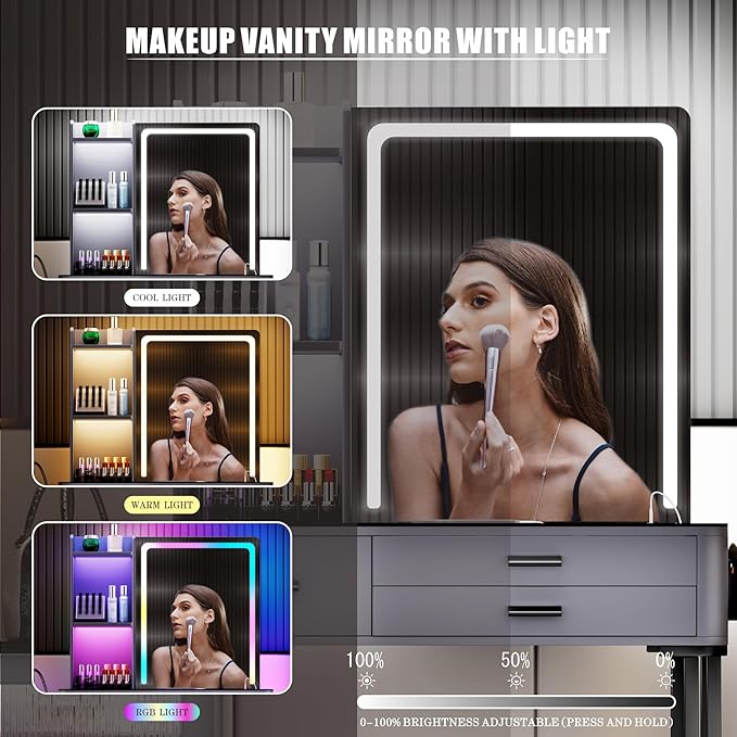 Makeup Vanity Desk with Mirror Lights: Vanity Table with Wireless Charging Station Mobile Dressing Table with Glass Top Design & Hair Dryer Holder Girls Grey Vanity Gift for Bedroom