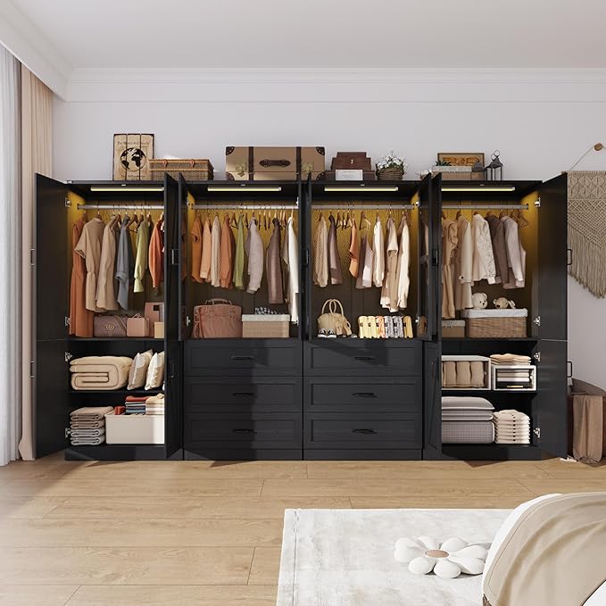 Hlivelood 75" Tall Farmhouse 8 Doors Armoire Wardrobe Closet with 6 Drawers and LED,Freestanding Closet Wardrobe Cabinet for Bedroom with Hanging Rod,Wooden Armoire Storage Cabinet(Black 8 Doors)