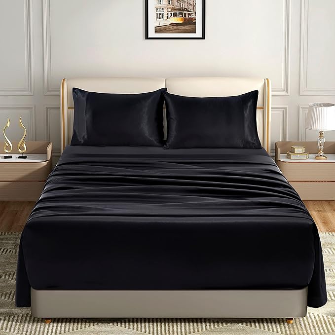 Homiest 4pcs Extra Deep Pocket Satin Sheets - King Size Bed Set, 18-24 Inch Deep Pocket Bed Sheets in Black, Luxury Fitted Sheet Set Fits Ultra Deep Mattress