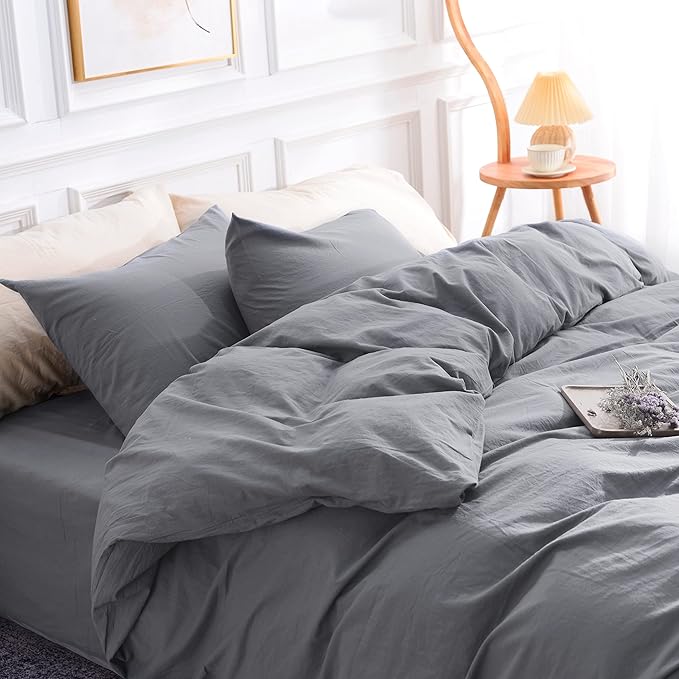 NEXHOME PRO Duvet Cover Set Kids Twin Size Linen Feel Textured Organic Natural 100% Washed Cotton Duvet Cover 2 Pieces Bedding Set with Zipper Closure, Breathable, Soft
