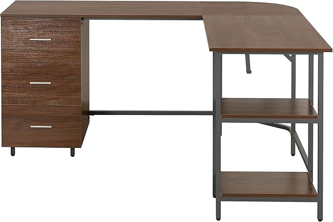 Techni Mobili L Shaped Desk - Two-Toned Computer Desk with Drawers & Storage Shelves - Simple Modern Furniture & Home Office Space Corner Table for Work & Writing