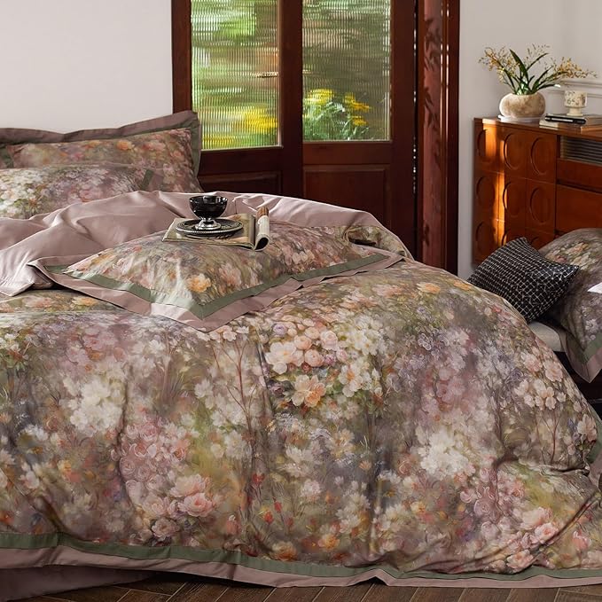 VM VOUGEMARKET Painting Flower Duvet Cover King Smooth Long Staple Cotton Bedding Duvet Cover with Pink Floral Pattern Garden Cottage Botanical Comforter Cover for Spring Summer