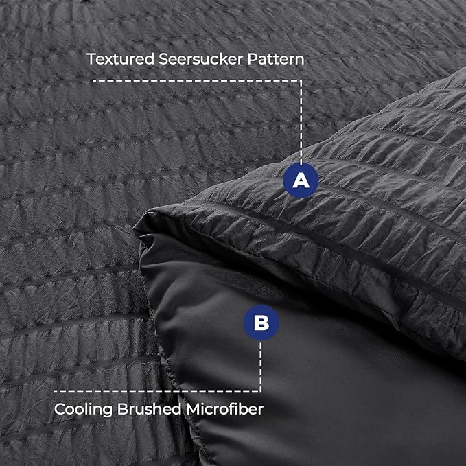 HYMOKEGE Dark Grey Twin Size Duvet Cover, Ultra Soft 2-Piece Seersucker Duvet Cover Set with Zipper Closure, Soft Brushed Microfiber Bedding Set with 8 Corner Ties (68"x90", 1 Pillowshams)
