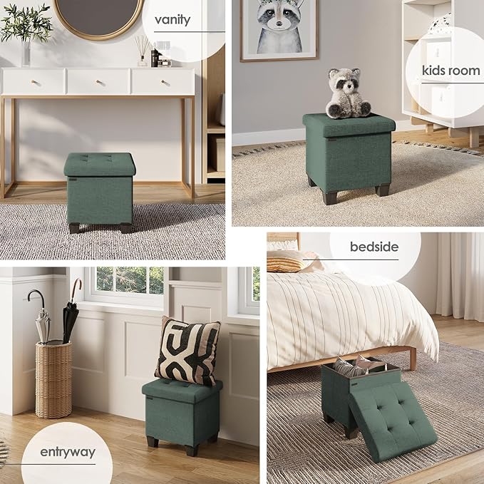 Storage Ottoman Cube with Small Bin, 15-in Square Ottoman with Storage for Living Room and Bedroom, Small Ottomans Foot Rest, Fabric Foot Stools Ottomans Max 330lbs, Green
