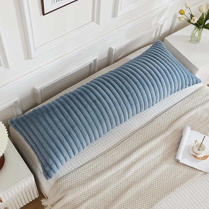 JAUXIO Faux Fur Fluffy Body Pillow Cover Luxury Textured Vertical Stripe Plush Decorative Body Pillowcase, Ultra Soft and Cozy Zipper Closure 21 x 54 Inches, Dusty Blue