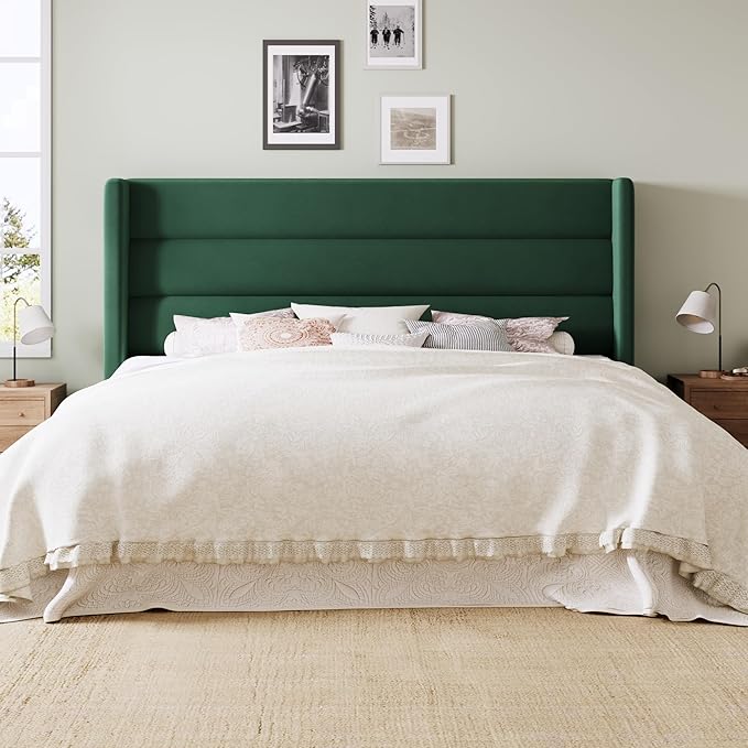 Allewie Queen Size Platform Bed Frame with Velvet Upholstered Wingback Headboard, No Box Spring Needed, Under Bed Storage Space, Strong Wooden Slats, Modern Mattress Foundation, Easy Assembly, Green