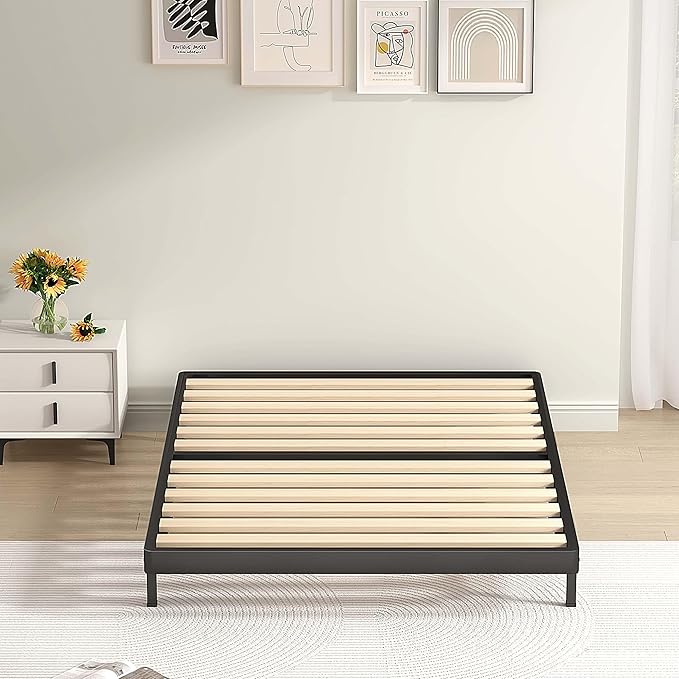 MAF 2 Inch Twin XL Box Spring, Low Profile Metal BoxSpring with Round Corners, Bunkie Board with Wood Slats Bed Slat Replacement 3500 lbs Black Heavy Duty Metal Mattress Foundation, Easy Assembly