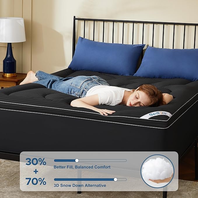 BEDLORE King Mattress Topper, Thick Pillow Top Pad for Back Pain Relief, Soft Mattress Cover with Deep Pockets 6-18 inch(Black)