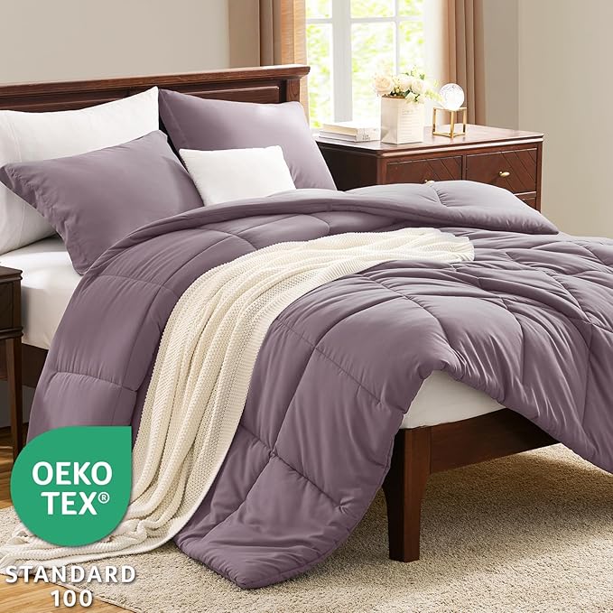 CozyLux Full Size Comforter Sets - 270GSM Dusty Purple Bedding Sets for All Seasons, 3 Pieces Box Stitched Bed Set with 1 Down Alternative Comforter and 2 Pillow Shams, Soft, Lightweight, Breathable