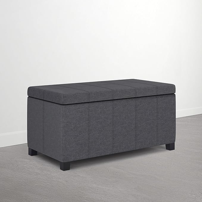 SIMPLIHOME Dover Storage Ottoman Bench - 36 inch Wide Upholstered Linen Look Fabric Rectangle Storage Ottoman Bench in Flint Grey, Contemporary Ottoman for Living Room or Entryway with Lift-Up Lid