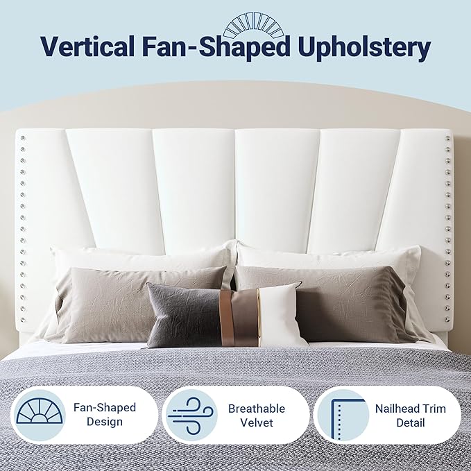 Allewie Queen Size Bed Frame with Adjustable Velvet Upholstered Headboard, Rivet-Style Nailhead Trim Detail Platform Bed Frame, Wooden Slat Support, No Box Spring Needed, Easy Assembly, White