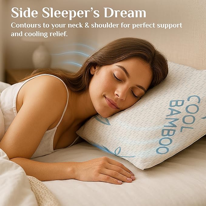 OMEO 2 Pack Bamboo Pillow Queen Size for Sleeping, Hypoallergenic Cooling Shredded Memory Foam Bed Pillows for Side, Back and Stomach Sleepers, Adjustable Loft and Washable Cover 20" x 30"