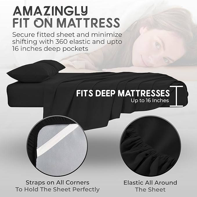 Queen Sheet Set - 4 Piece Bedding - Double Brushed, Deep Pocket, Cooling Queen Size Bedding Set (Black)