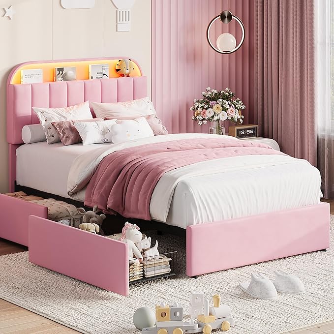 Garvee Twin XL Size Bed Frame with 2 Flexible Drawers, Velvet Upholstered Platform Bed Frame with Bookcase Headboard and LED Lights, Kids Bed for Girls, Easy Assembly, Noise Free, Pink