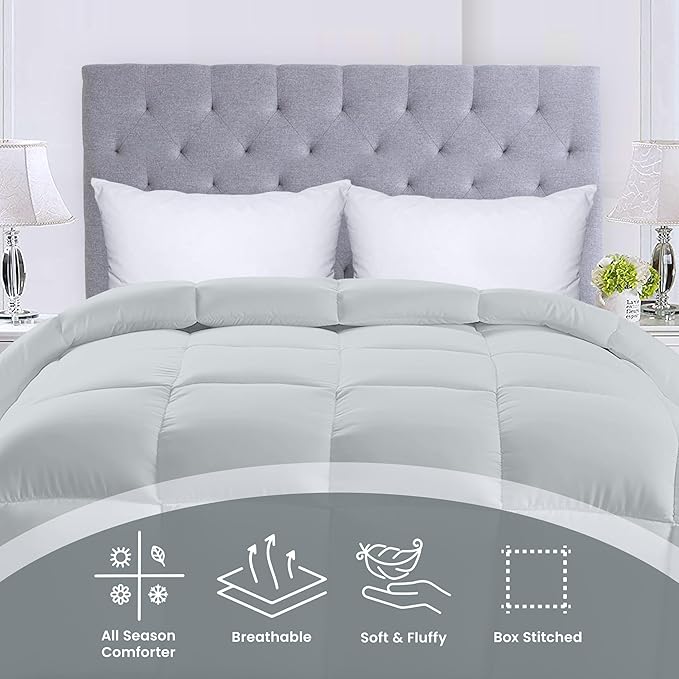 Utopia Bedding Comforters Queen Size, All Season Duvet Insert, Down Alternative Box Stitched Bed Comforter with Corner Tabs, Machine Washable (Light Grey)