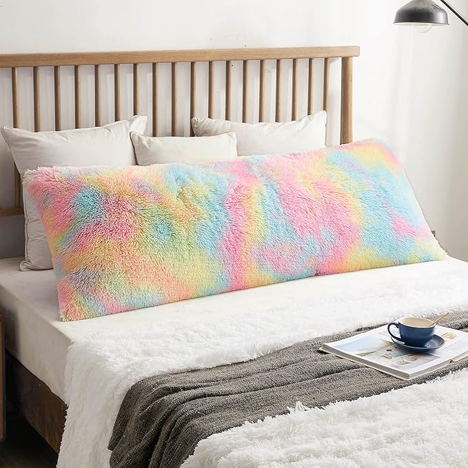 XeGe Rainbow Shaggy Faux Fur Body Pillow Cover, Tie Dye Fluffy Bed Pillow Case with Zipper, Soft Decorative Plush Long Pillow Sham, Fuzzy Hug Pillow for Kids Children Girls Women 20"x54" Rainbow