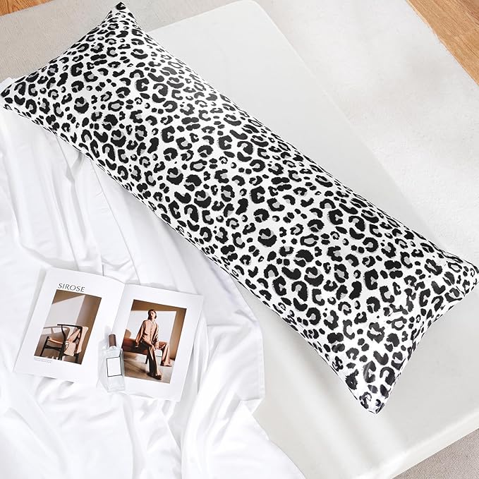 MR&HM Satin Body Pillow Cover, Soft and Breathable Body Pillow Case with Envelope Closure, Cooling and Silky Long Pillowcase for Hair and Skin,Grey (20x54, White Leopard)