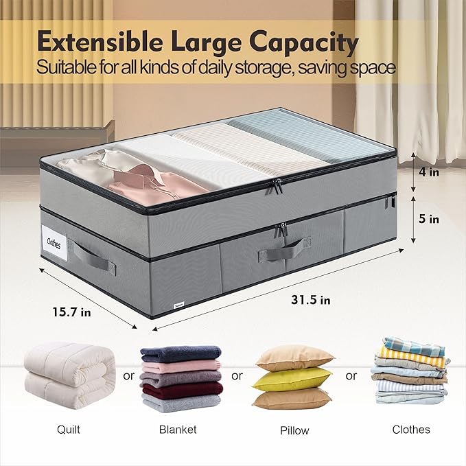 Supowin Large Under Bed Storage Containers, 2-Pack Double Layer Underbed Storage Bins with 3 Handles, 70L Extensible/Closed Clothes Storage Organizer with Sturdy Bottom Sidewalls, Grey