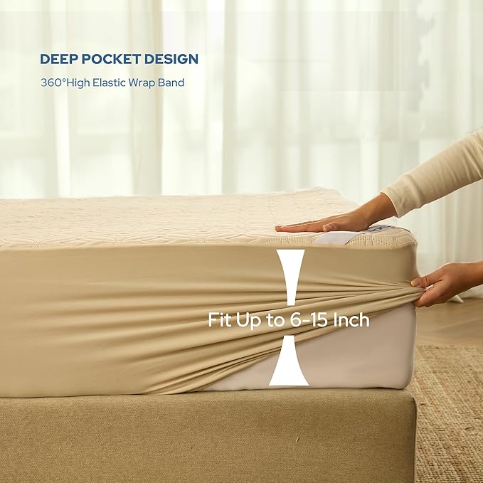 BEDLORE 2 Pack Waterproof Mattress Protector, Twin Size Mattress Pad with Deep Pocket 6"-15" Depth, Soft Breathable Bed Mattress Cover for Bedroom, College Dorm (Beige)