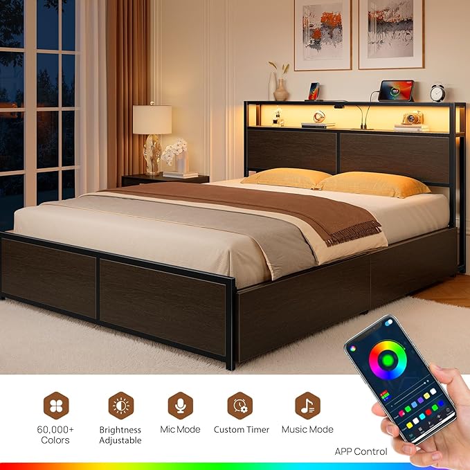 Rolanstar Queen Bed Frame with 4 Storage Drawers, Charging Station and LED Lights, Metal Platform Bed with 2-Tier Storage Headboard, No Box Spring Needed, Easy Assembly, Noise-Free, Black
