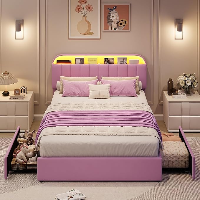 GarveeHome Full Bed Frame with Storage Headboard, Kids Bed Frame with 2 Drawers, Velvet Upholstered Platform Bed Frame with Lights, No Box Spring Needed, Easy Assembly, Velvet Purple