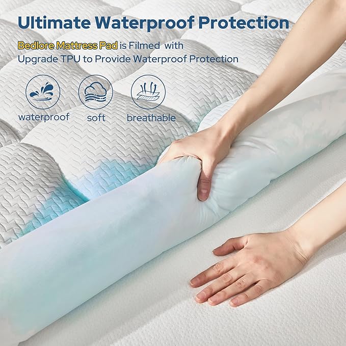 BEDLORE Waterproof King Mattress Pad, Quilted Fitted Mattress Topper with Deep Pocket 6"-18", Breathable & Noiseless Mattress Protector Bed Cover Padded, Machine Washable