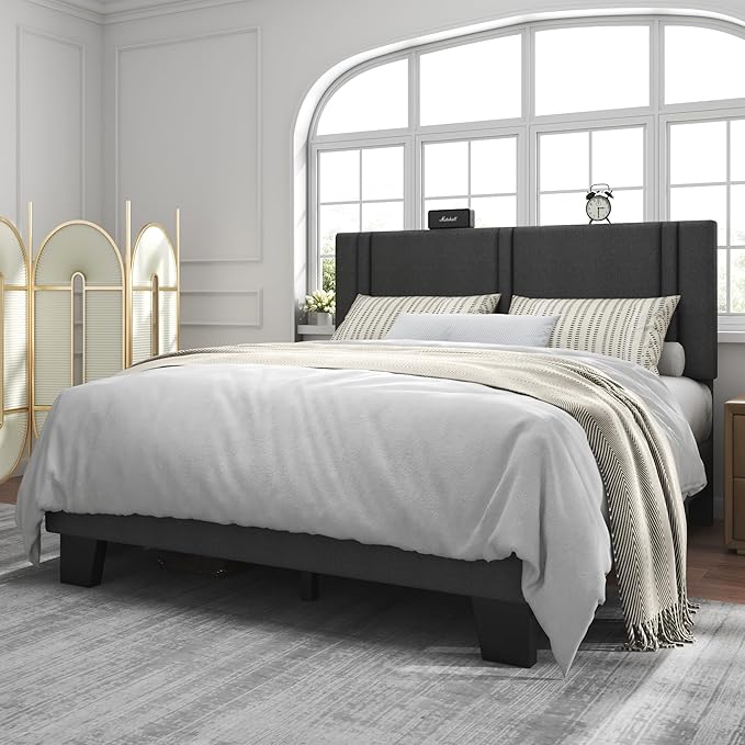 Feonase Queen Platform Bed Frame, Fabric Upholstered Queen Bed Frame, Solid Wood Slats & Heavy Duty Feet Support, No Box Spring Needed, Noise-Free, Easy Assembly, Dark Grey